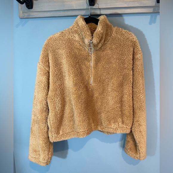 Fashion Nova Tops - Fashion Nova Cropped Teddy Quarter Zip Sweatshirt in Brown/Camel
